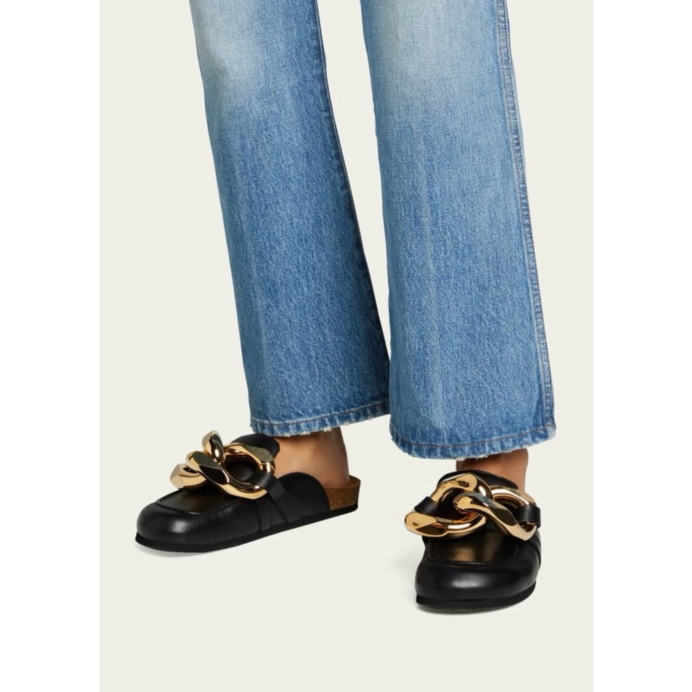 JW ANDERSON Black Leather Chain-Trim Slide Sandals with Gold Hardware